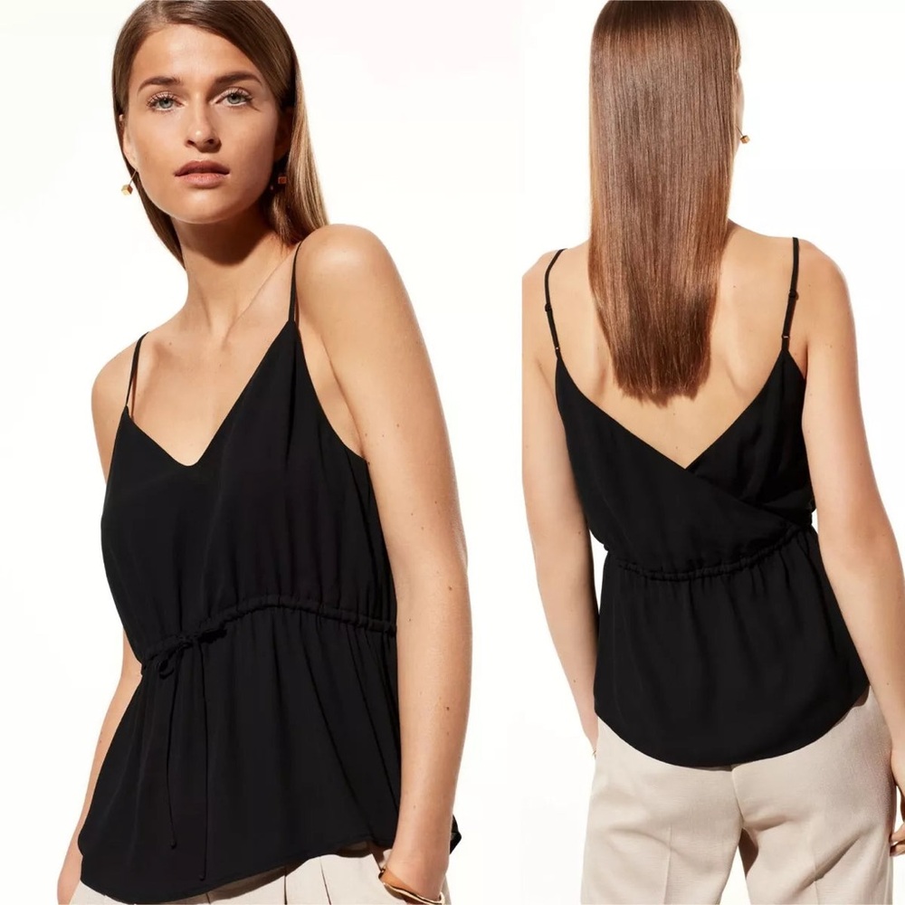 Aritzia Babaton Warren Camisole Black Chiffon Cinched‎ Tie Waist Size XXS